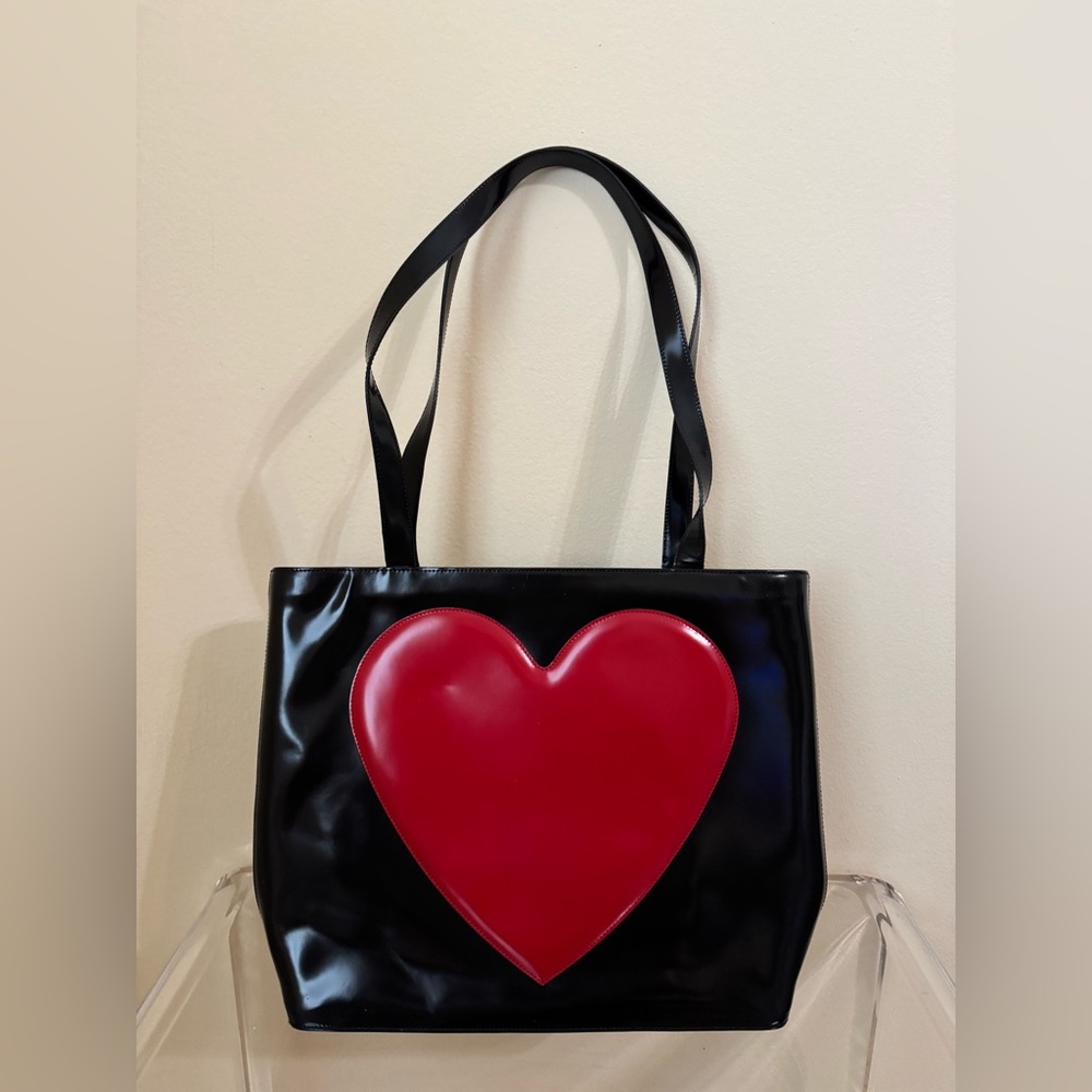 Moschino Heart Tote Bag Leather Black Red - Picture 1 of 12